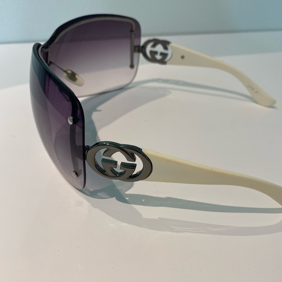 Gucci GG Gunmetal Silver Logo Wrap Purple Tint Floating Frame Ivory Sunglasses - Picture 4 of 10
